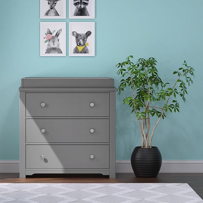 Child Craft Harmony 3-Drawer Dresser with Changing Table Topper, 38" W Nursery Dresser and Changing Station, Smooth Glides, Baby-Safe Finish, Cool Gray