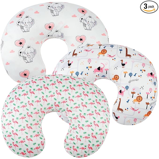 Nursing Pillow Cover Set 3 Pack Nursing Pillow Slipcovers for Moms Breastfeeding Moms, Ultra-Soft Stretchy Fit Standard Nursing Pillows Flamingo Elephant & Lion