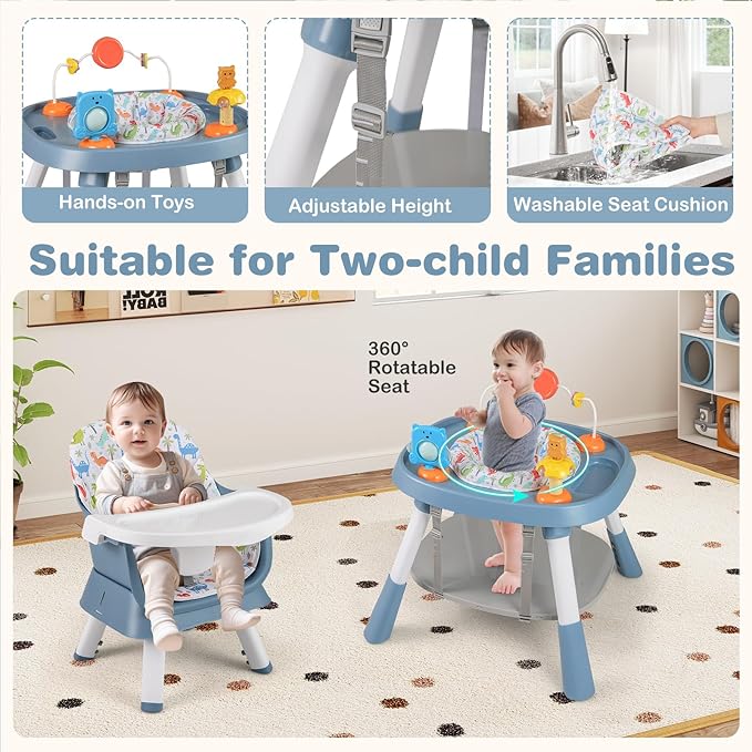 KOTEK 16 in 1 Convertible High Chair, Baby Highchair & Activity Center, Booster Seat, Building Block Table, Toddler Chair with 5-Point Harness, Removable Tray & Cushion (Blue)
