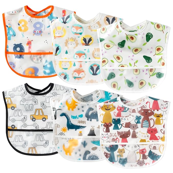 6 Pcs Baby Feeding Bibs Toddler Waterproof Bib Set with Crumb Catcher Pocket Infant Adjustable Baby Teething Bib Babies Food Bibs Keepsake Gift for Baby Shower Christmas New Year, 6-12 Months
