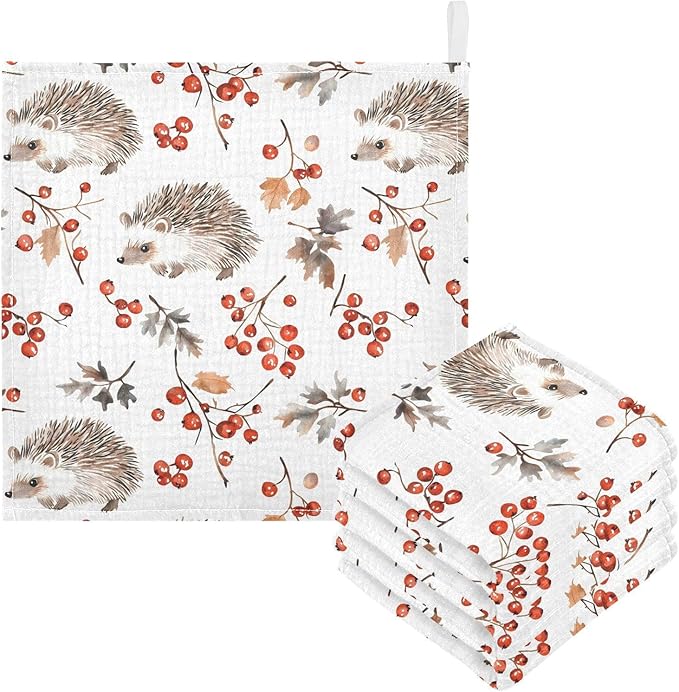 vvfelixl Forest Hedgehog Baby Burp Cloths Baby Muslin Washcloths for Boys Girls Cotton Babys Face Towel for Newborn Infants Soft and Absorbent 11.8 X 11.8 in, 5 Pack