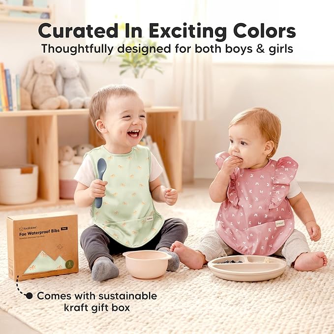 KeaBabies Waterproof Bibs for Baby Girl,Boy – 2-Pack Lightweight, Large Baby Bibs for Eating, Wearable Food Catcher, 6-12 Months Infant Feeding Essentials, Smock for Toddlers 1-3, Kids (Roarsome)