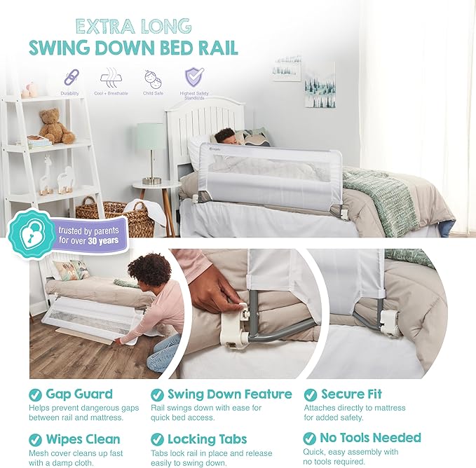 Regalo Safety 54” Extra Long Bed Rail Guard for Toddlers, Swing Down Toddler Bed Rail with Reinforced Anchor Safety System, 20” Tall Bed Safety Rail, Fits Twin, Full & Queen Beds