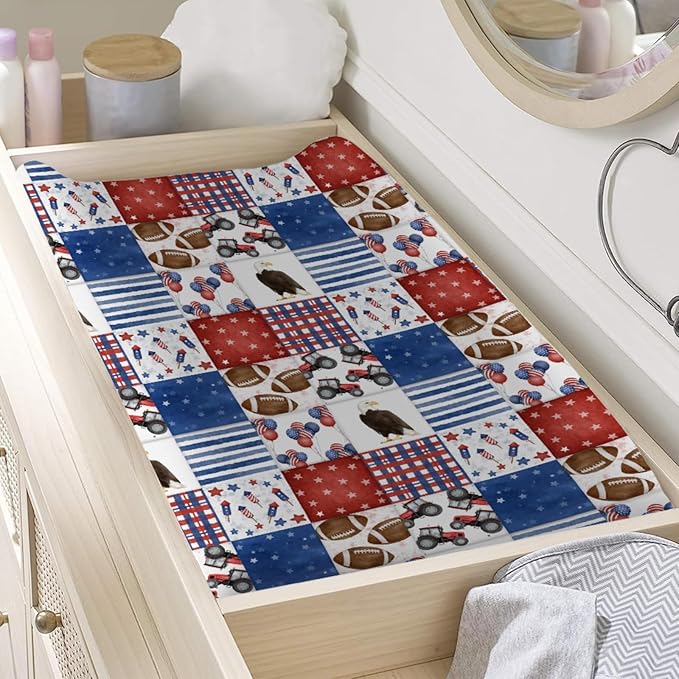 American Flag Eagle Football Plaid Baby Changing Pad Covers for Boy & Girl 32''x16'' Independence Day Stars Stripes Fitted Diaper Changing Table Sheets Soft Breathable Nursery Baby Change Table Mats