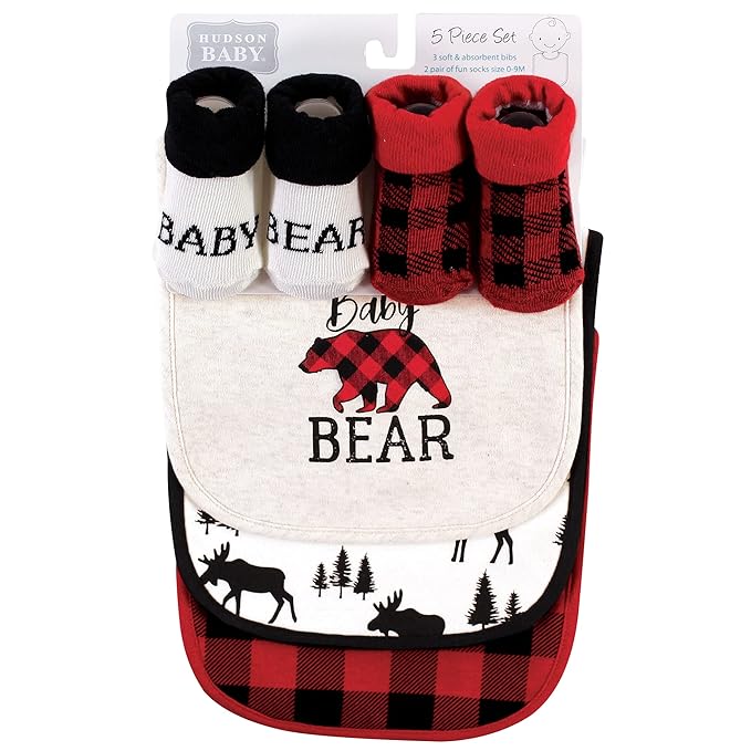 Hudson Baby Unisex Baby Cotton Bib and Sock Set, Baby Bear Plaid, One Size