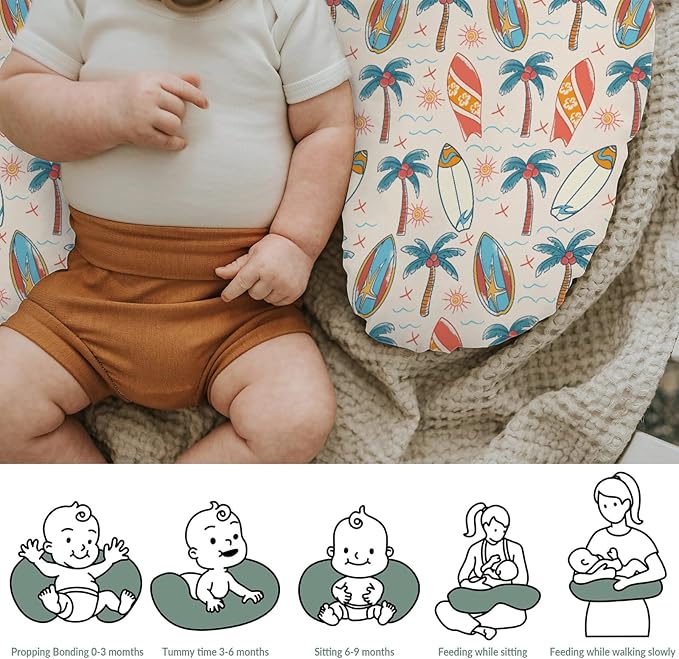 Retro Boho Surfing Baby Nursing Pillow Covers for Boy Girl Summer Surfboards Coconut Palm Trees Sun Nursery Pillowcase for Breastfeeding Pillows Beach Life Soft Stretchy Slipcovers for Newborn Infant