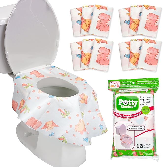Potty Shields Toilet Seat Covers Disposable (12 pk, Dinosaurs) - XL Waterproof Toilet Cover for Toddlers, Kids & Adults - Portable & Individually Wrapped for Travel, Potty Training, Public Restrooms