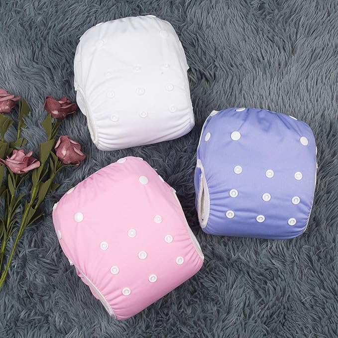 ALVABABY Swim Diapers 3pcs Reuseable Washable & Adjustable for Swimming Lesson & 0-2 Years Purple White Pink 3SWB17
