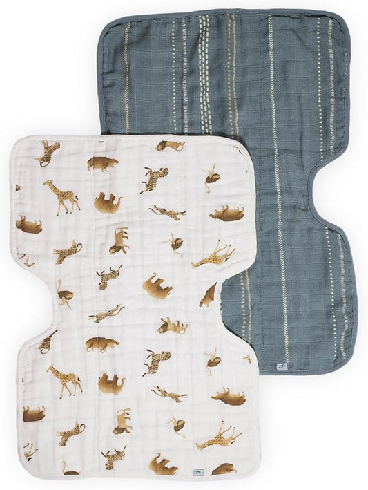 Little Unicorn 100% Certified Natural Organic Cotton Burp Cloth 2 Pack | Ultra-Absorbent & Soft Muslin Fabric | Larger Size & Ergonomic Design (Animal Crackers + Stillwater Stitch)