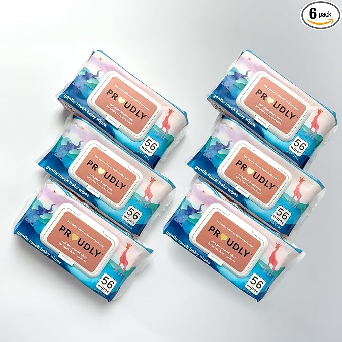 PROUDLY Gentle Touch Baby Wipes, Unscented & Hypoallergenic Wipes for Sensitive Skin, 98% Water, Shea Butter and Aloe Vera, 6 Flip-Top Packs (336 Wipes Total)