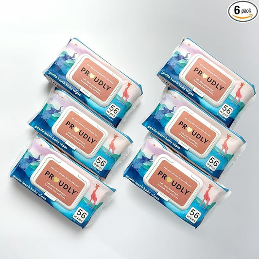 PROUDLY Gentle Touch Baby Wipes, Unscented & Hypoallergenic Wipes for Sensitive Skin, 98% Water, Shea Butter and Aloe Vera, 6 Flip-Top Packs (336 Wipes Total)