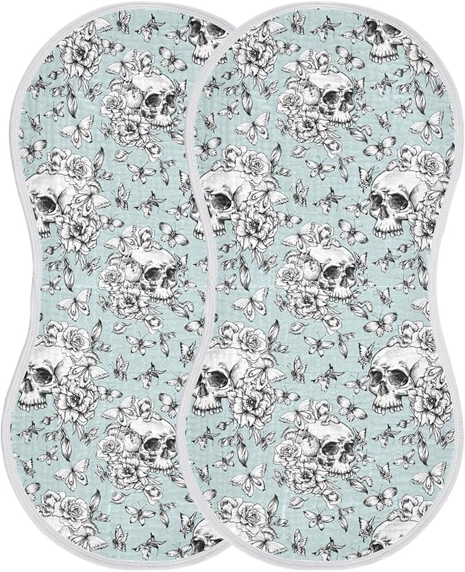 Muslin Burp Cloths for Baby Boys and Girls - 2-Pack Ultra Absorbent Goth Skull Muslin Washcloths, Newborn Towel, Milk Spit Up Rags, Burp Cloth Bib for Unisex, 22 x 11 Inch