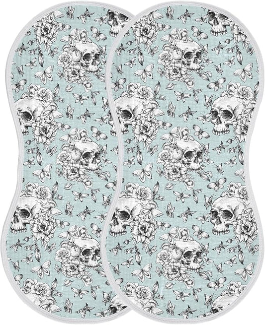 Muslin Burp Cloths for Baby Boys and Girls - 2-Pack Ultra Absorbent Goth Skull Muslin Washcloths, Newborn Towel, Milk Spit Up Rags, Burp Cloth Bib for Unisex, 22 x 11 Inch