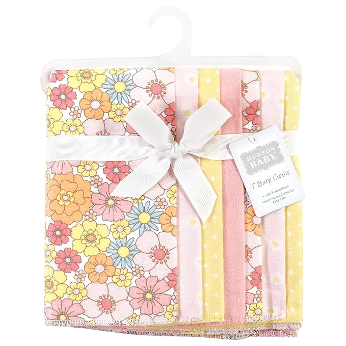 Hudson Baby Unisex Baby Cotton Flannel Burp Cloths, Peace Love Flowers 7 Pack, One Size