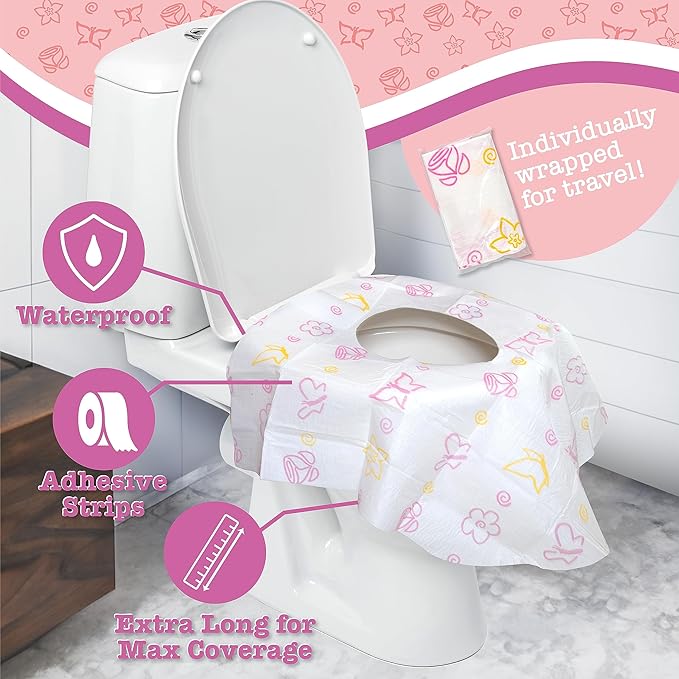 Potty Shields Toilet Seat Covers Disposable (6 Pack, Floral) - XL Waterproof Toilet Cover for Toddlers, Kids & Adults - Portable & Individually Wrapped for Travel, Potty Training & Public Restrooms