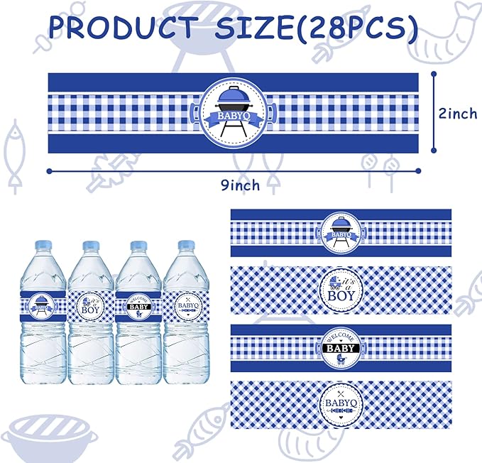 24PCS BBQ Baby Shower Water Bottle Labels, Barbecue Baby Shower Waterproof Self Adhesive Water Bottle Labels for Cookout BBQ Babyq Shower Decorations Boy Blue
