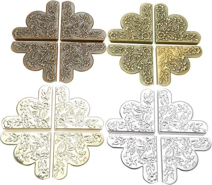 dophee 12Pcs Decorative Corner Protector, Jewelry Box Wooden Box Chest Furniture Guard Edge Cover, Metal Flower Carved No Holes, 1.69"x1.69"x0.2" - Silver