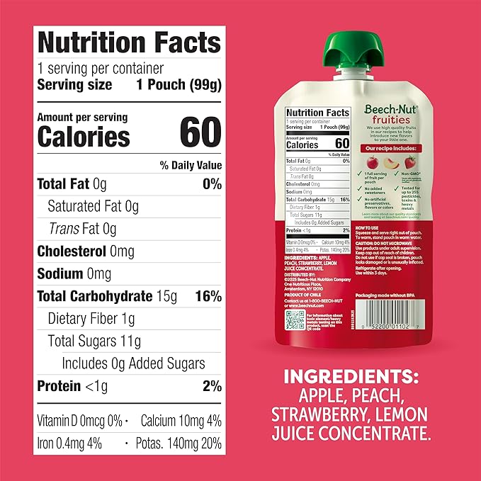 Beech-Nut Baby Food Pouches, Peach Apple Strawberry Fruit Puree Baby & Toddler Food, 3.5 oz (12 Pack)