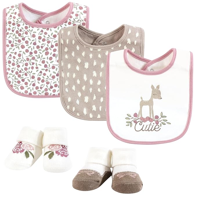 Hudson Baby Infant Girl Cotton Bib and Sock Set, Fawn Cutie, One Size