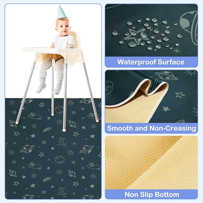 Basumee Splat Mat High Chair Mat Waterproof Baby Play Splat Mat for Under High Chair Food Catcher Highchair Mat for Floor Non Slip Bottom, Dark Blue Space, 46x42 Inches