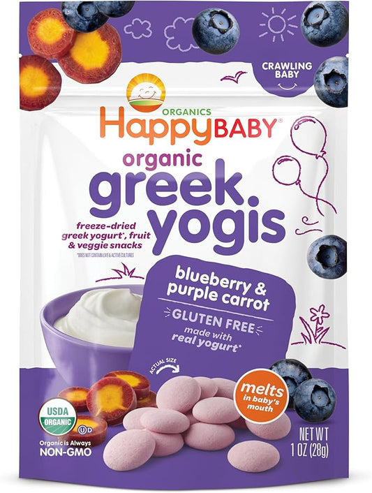 Happy Baby Organics Baby Snacks, Greek Yogis, Freeze Dried Yogurt &Veggie Fruit Snacks, Gluten Free Snack for Babies 9+ Months, Blueberry & Purple Carrot, 1 Ounce