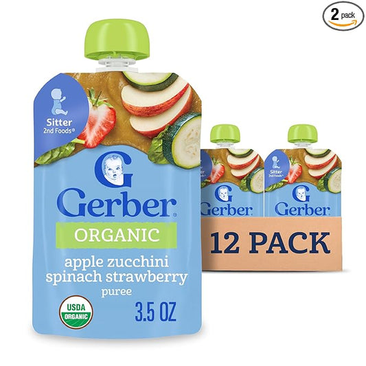 Gerber Stage 2 Baby Food, Organic Apple Zucchini Spinach Strawberry Puree Pouch, 2 Servings of Fruit & Veggie, No Added Sweetener, No Artificial Colors or Flavors, 12-Pack