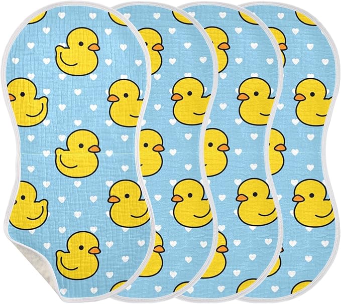 Cartoon Cute Duck Heart Pattern Muslin Burp Cloths for Baby 4 Pack 100% Cotton Baby Washcloths Bibs for Boy Girl
