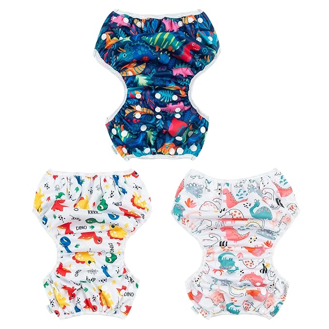Babygoal Baby Swim Diapers 3 Pack for 0-8 Months Infant Girls and Boys, Reusable Adjustable Washable for Swimming Lessons-Dinosaurs