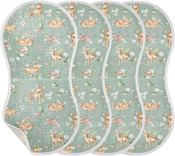 Baby Muslin Burp Cloths Set of 4 Woodland Fawn Muslin Washcloths Forest Animals Milk Spit Up Rags Soft Newborn Towel Burp Cloth Bib for Unisex Boys and Girls, 22 x 11 Inch