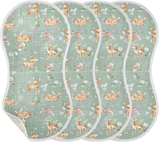Baby Muslin Burp Cloths Set of 4 Woodland Fawn Muslin Washcloths Forest Animals Milk Spit Up Rags Soft Newborn Towel Burp Cloth Bib for Unisex Boys and Girls, 22 x 11 Inch