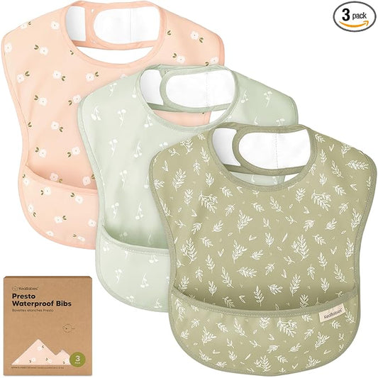 KeaBabies 3-Pack Waterproof Baby Bibs for Eating - Lightweight Toddler Feeding Bibs with Large Food Catcher, Mess Proof, Food-Grade Baby Eating Essentials, Easy to Put On & Clean (Bloom)
