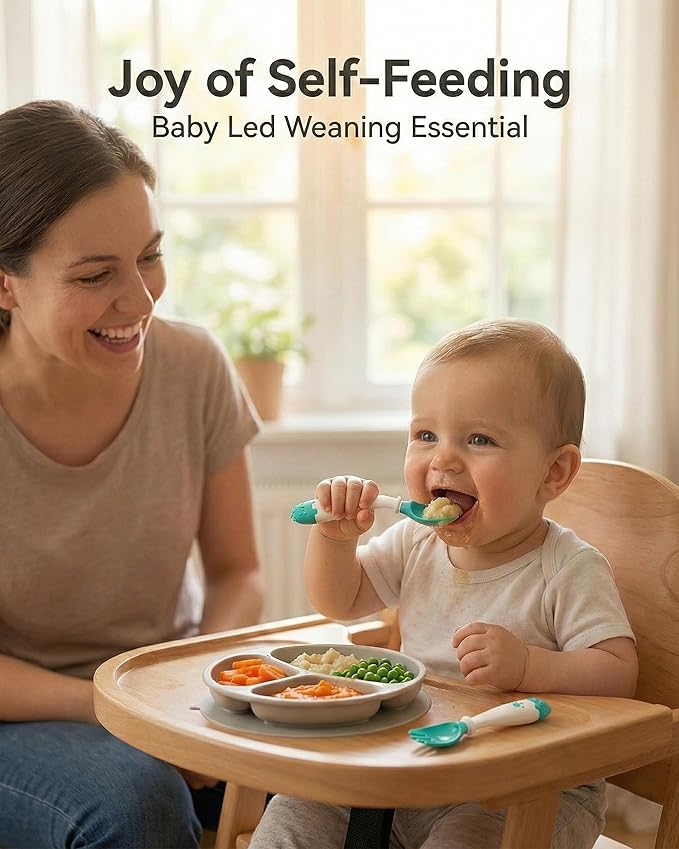 Deejoy Toddler Utensils, Self-feeding Flatware Set withTravel Case, Baby Spoons and Forks with Silicone Bendable Handle, Easy Grip Heat-Resistant, Ideal for Kids, Stage 2 Green