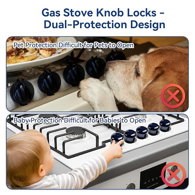 Stove Knob Safety Covers, 5Pcs Fits 90% Oven/Stove 5 Heat Alert Stickers Oven Knob Covers for Child Safety, 2nd Gen Kitchen Burner Childproofing, Gas Stove Knob Locks for Kid Baby Pet (Black)