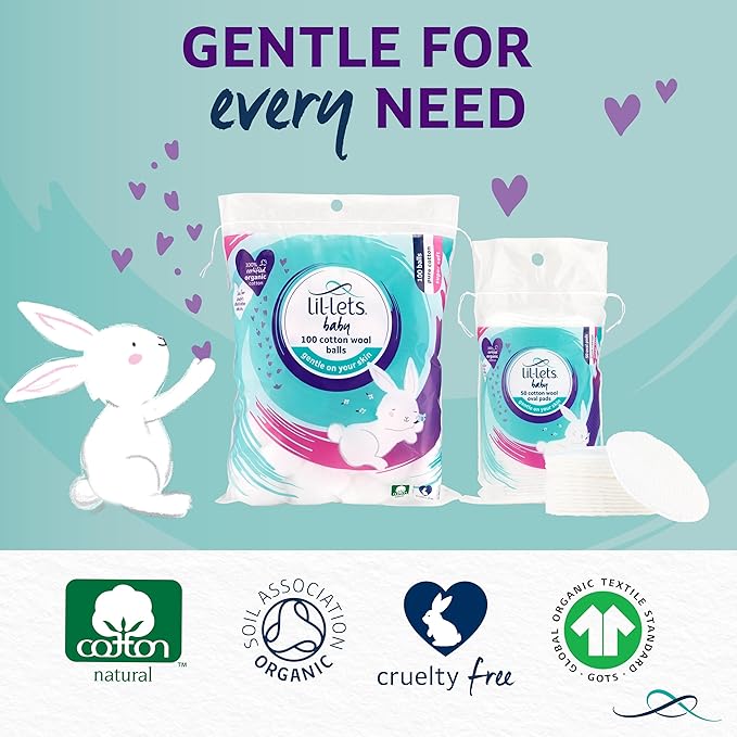 Lil-Lets Baby Cotton Wool Oval Pads, 50 Count, Certified Organic, 100% Pure Cotton Wool, Soft and Absorbent, Gentle on Baby's Delicate Skin, Dermatologically Tested, Ideal for Newborns