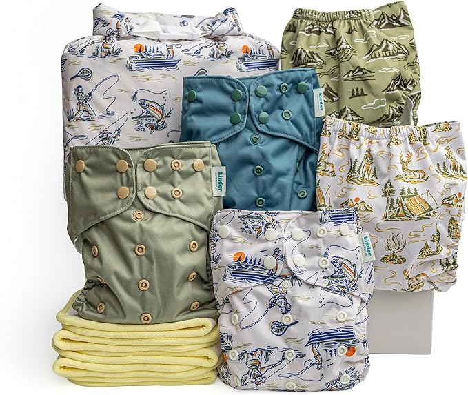Kinder Cloth Diapers Reusable Baby Diapers Pocket Style Athletic Wicking Jersey, Bamboo Viscose Inserts, Wet Bag, Newborn to Potty Training 7-60lbs, One Size (Great Outdoors, 5 Pack, with Inserts)
