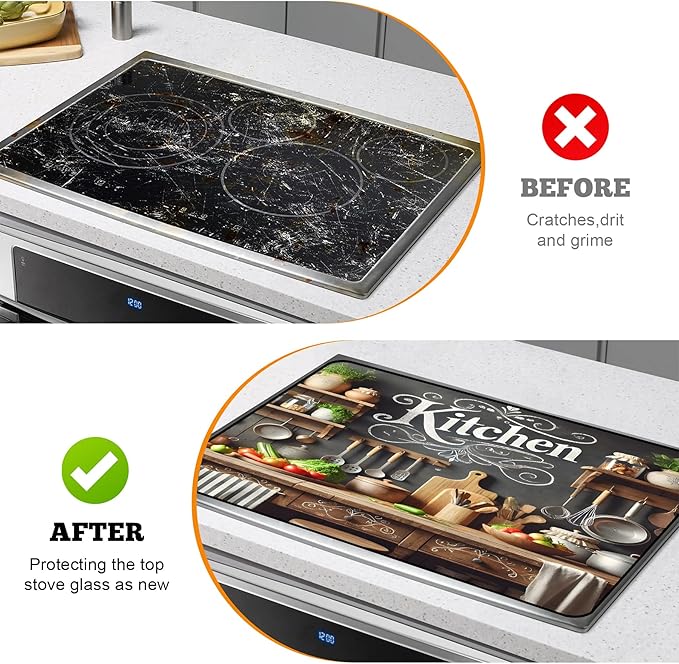 Multi-Design Stove Top Cover for Glass/Electric Stoves - 3-in-1 Heat-Resistant Protector Mat, Non-Slip Drying Rack 28"x20" (Cookware, 28" L x 20" W)