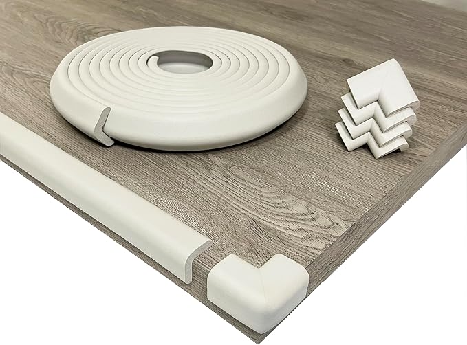 KidKusion Table Cushion | Made in USA | 12 Feet + 4 Corners | Off White | Baby Proof Furniture Edge and Corner Guards