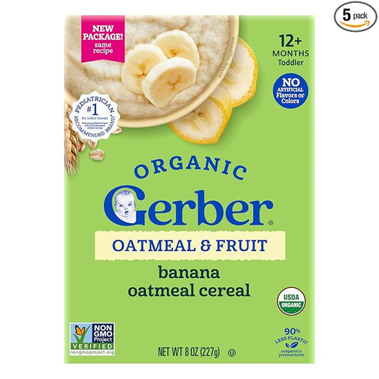 GERBER ORGANIC FOR BABY GRAIN AND GROW Toddler Oatmeal Banana Cereal 5x8oz