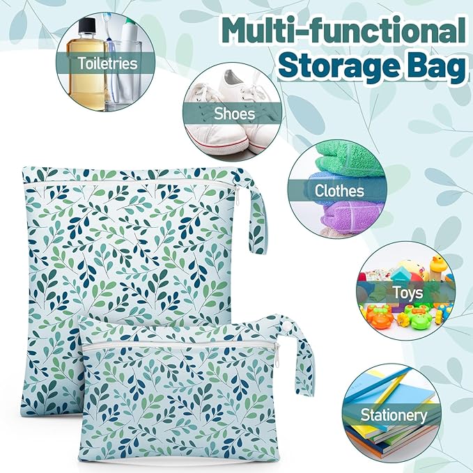 Reginary 8 Pack Wet Dry Bags Large & Small Waterproof Reusable Travel Zipper Pouches for Baby Diapers Family Wet Clothes Beach Swimsuits Toiletries(2 Sizes,Leaf,Multicolor)