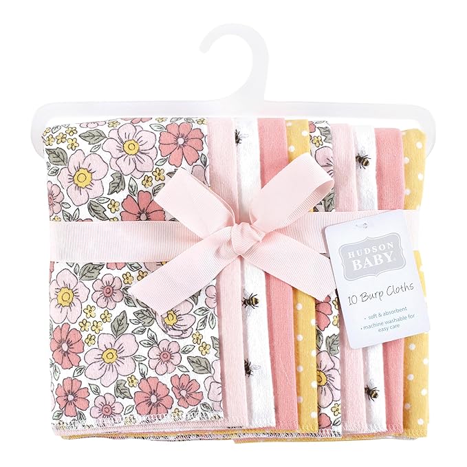 Hudson Baby Unisex Baby Flannel Burp Cloth 10pk, Pink Yellow Pretty Floral, One Size