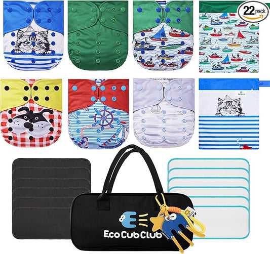 Reusable Washable Cloth Diapers 6pcs for Baby Shower,Leak-Proof Double Gussets Quick-Dry AWJ Lining,12 Soft Fleece Inserts & 2 Wet Bags,Packed in Durable Travel Handbag&Key Chain-B-08-A
