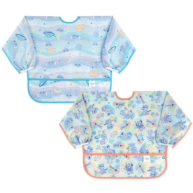 Bumkins Disney Stitch Sleeved Baby Bib – Long Sleeve Waterproof Fabric Feeding Smock with Crumb Catcher Pocket, Adjustable Toddler Apron for Baby Led Weaning, Comfortable for Ages 6–24 Months, 2-pack