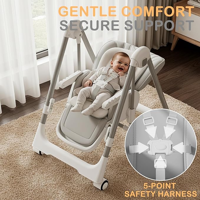 3-in-1 High Chairs for Babies and Toddlers, Foldable Baby High Chair with Rocking Mode, 5 Height Levels, Adjustable Backrest & Footrest, Lockable Wheels (Grey)