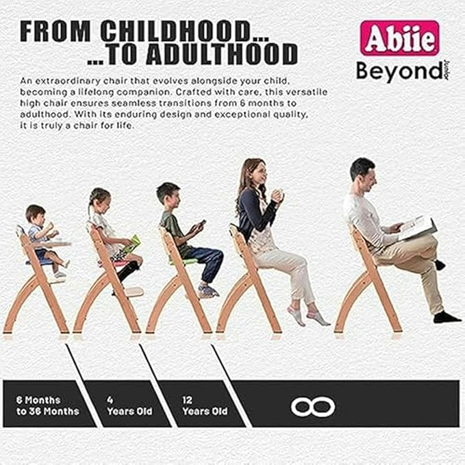 Abiie Beyond Junior Wooden High Chair for Babies and Toddlers - Convertible 3-in-1 Baby Highchair with Removable Tray - 6 Months to 250 Lb - Water Resistant - Natural Wood/Blueberry Cushion
