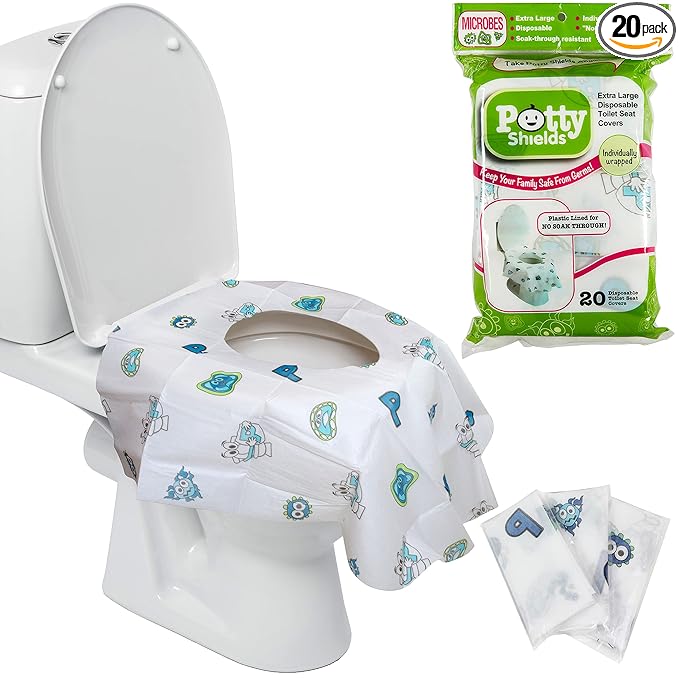 Potty Shields Toilet Seat Covers Disposable (20 Pack) - XL Waterproof Toilet Cover for Toddlers, Kids & Adults - Portable & Individually Wrapped for Travel, Potty Training, Vacations, Public Restrooms