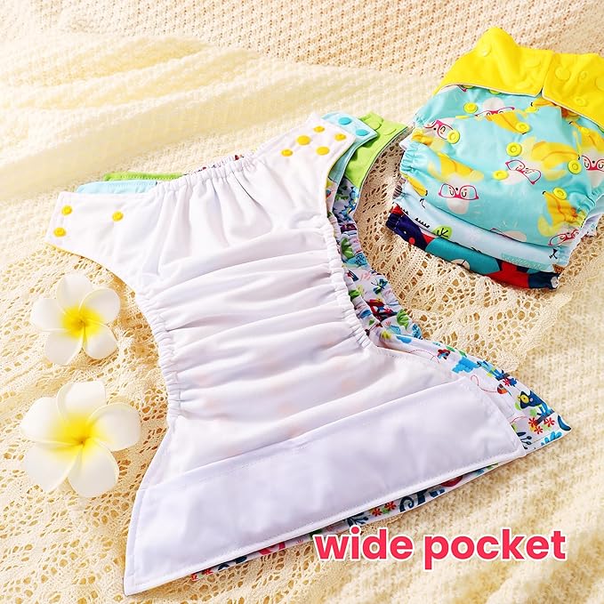 Cloth Diapers 6 Pack with 6 Inserts & 1 Wet Bag - Waterproof Cover, Washable, Reusable & One Size Adjustable Pocket Diapers for Newborns and Toddlers (Bear Set)