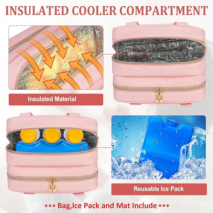 Breastmilk Cooler Travel Bag, Wearable Breast Pump Storage Bag Compatible with Momcozy/Eufy/Elvie/Willow/Medela Breast Pump with Ice Pack and Waterproof Mat,Pink