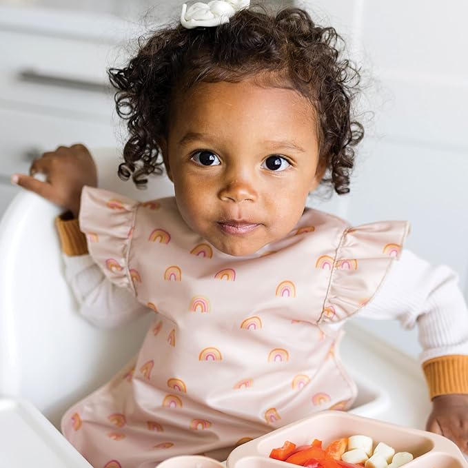 Tiny Twinkle Mess Proof Baby Bibs | 2 Pack Waterproof Toddler Bib for Eating | Baby Apron for Feeding, Machine Washable, Perfect Shower Gift (Boho Rainbow,Petite Safari, 6–24M)
