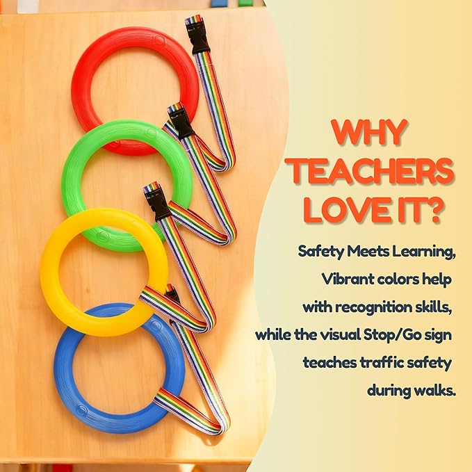 16-Ring Colorful Walking Rope for Preschool - Detachable Safety Line Rope with Smiley Textured Rings, with 1 pcs GO/Stop Sign Handheld