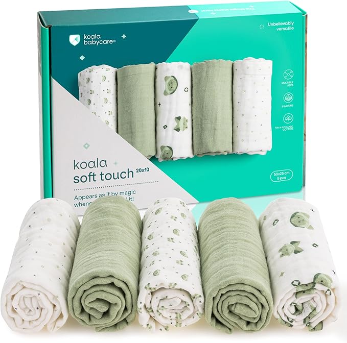 Koala Babycare 5 Pack 20"x10" Organic Burp Cloths for Baby Boys and Girls - GOTS & OEKO-TEX Cotton Burp Rags for Newborns - Absorbent Neutral Burping Cloths for Feeding - Washable Baby Bibs Essentials